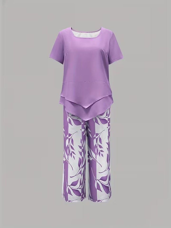 Women's Relaxed-Fit Short-Sleeve Botanical Leaf Print Two-Piece Set