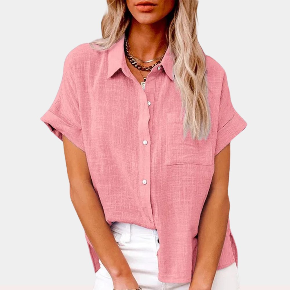Women's Relaxed-Fit Short-Sleeve Button-Front Linen Shirt - Pink