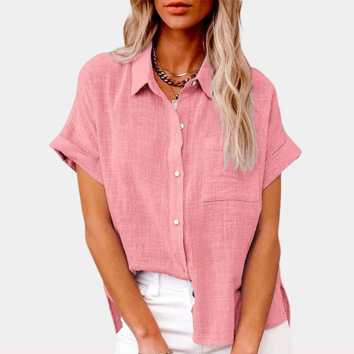 Women's Relaxed-Fit Short-Sleeve Button-Front Linen Shirt - Pink