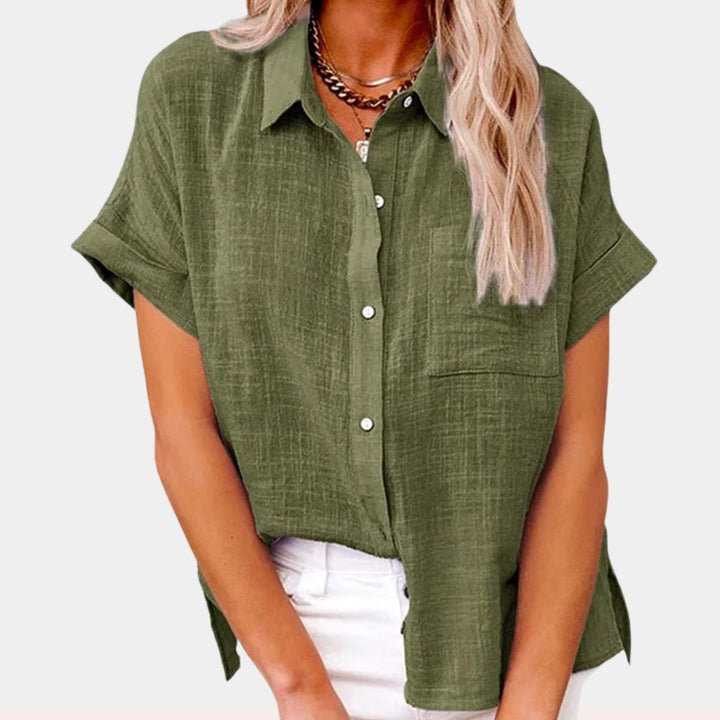 Women's Relaxed-Fit Short-Sleeve Button-Front Linen Shirt - Green