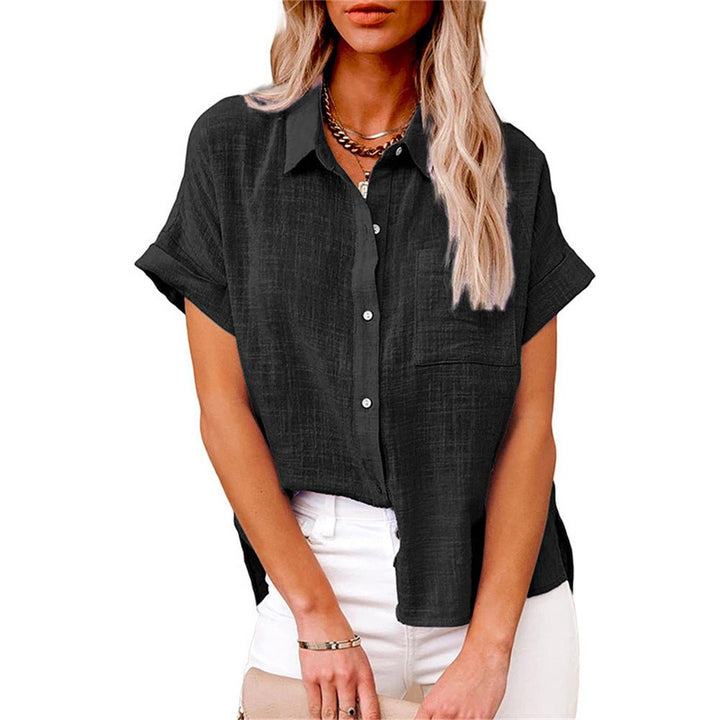 Women's Relaxed-Fit Short-Sleeve Button-Front Linen Shirt - Black
