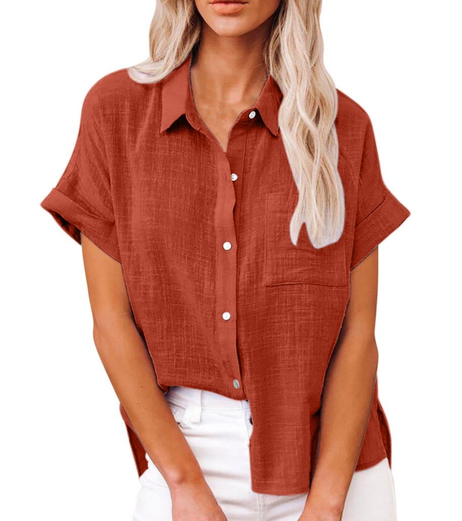 Women's Relaxed-Fit Short-Sleeve Button-Front Linen Shirt - Red