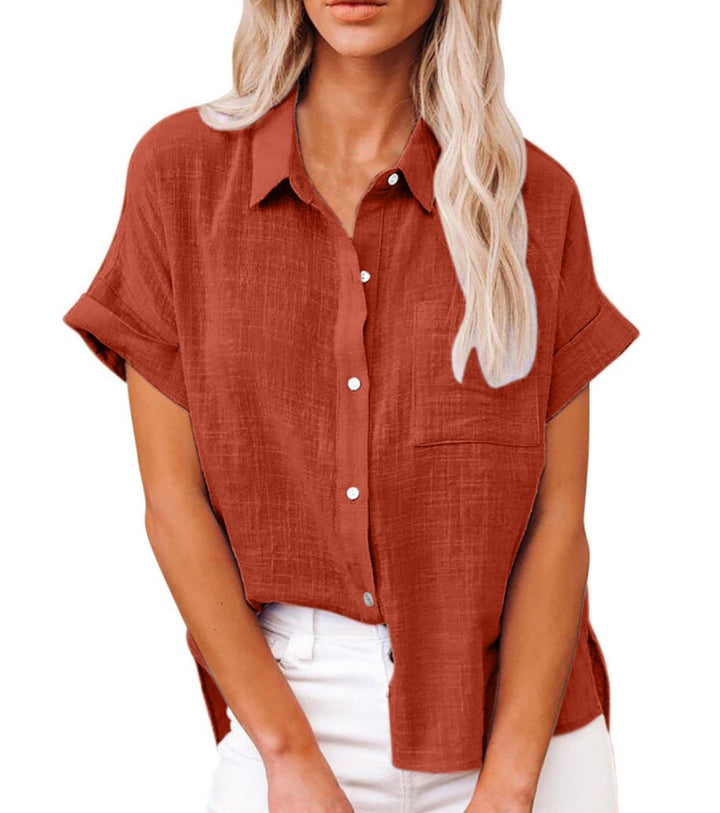 Women's Relaxed-Fit Short-Sleeve Button-Front Linen Shirt - Red