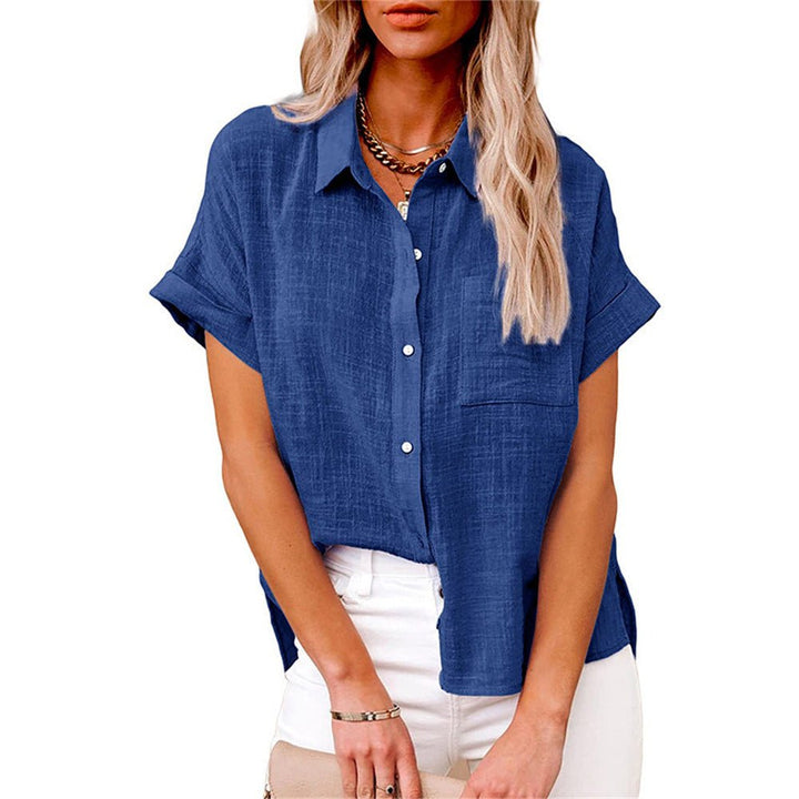 Women's Relaxed-Fit Short-Sleeve Button-Front Linen Shirt - Royal Blue