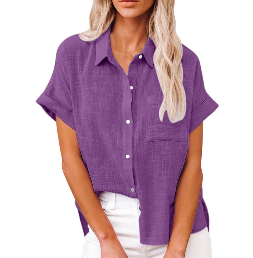 Women's Relaxed-Fit Short-Sleeve Button-Front Linen Shirt - Purple