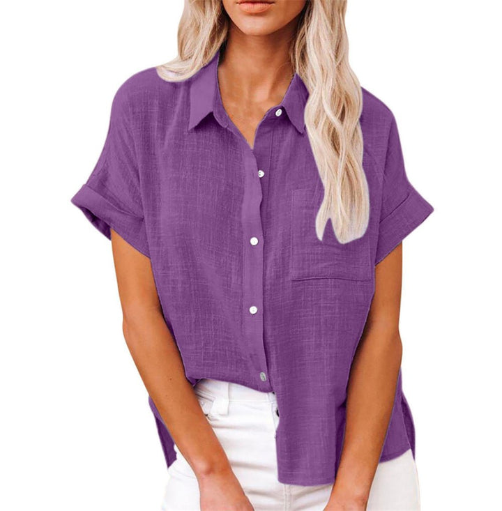 Women's Relaxed-Fit Short-Sleeve Button-Front Linen Shirt - Purple