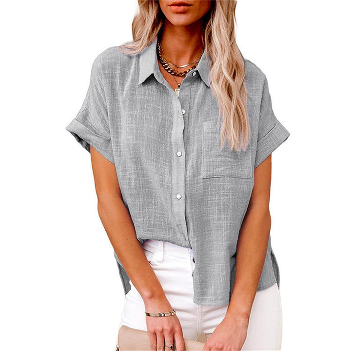 Women's Relaxed-Fit Short-Sleeve Button-Front Linen Shirt - Gray