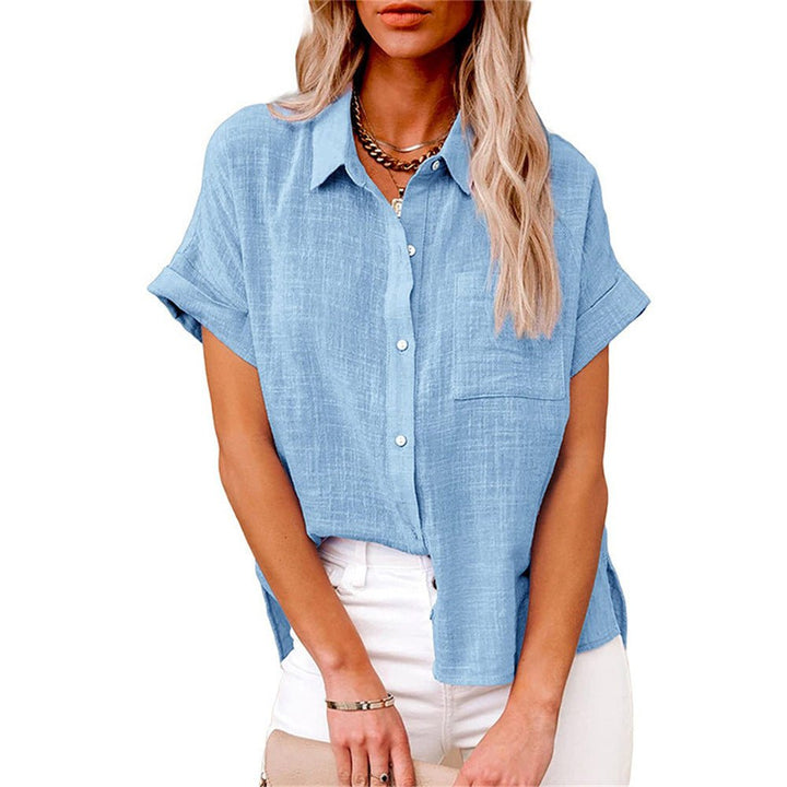 Women's Relaxed-Fit Short-Sleeve Button-Front Linen Shirt - Light Blue