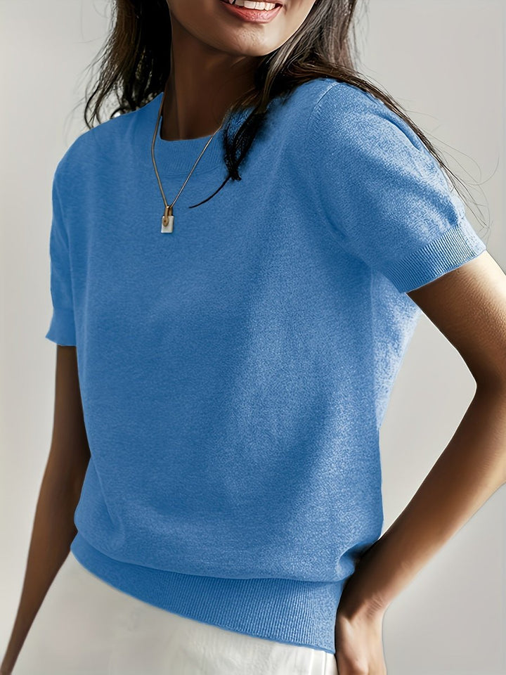Women's Relaxed-Fit Short-Sleeve Knit Sweater Top - Blue