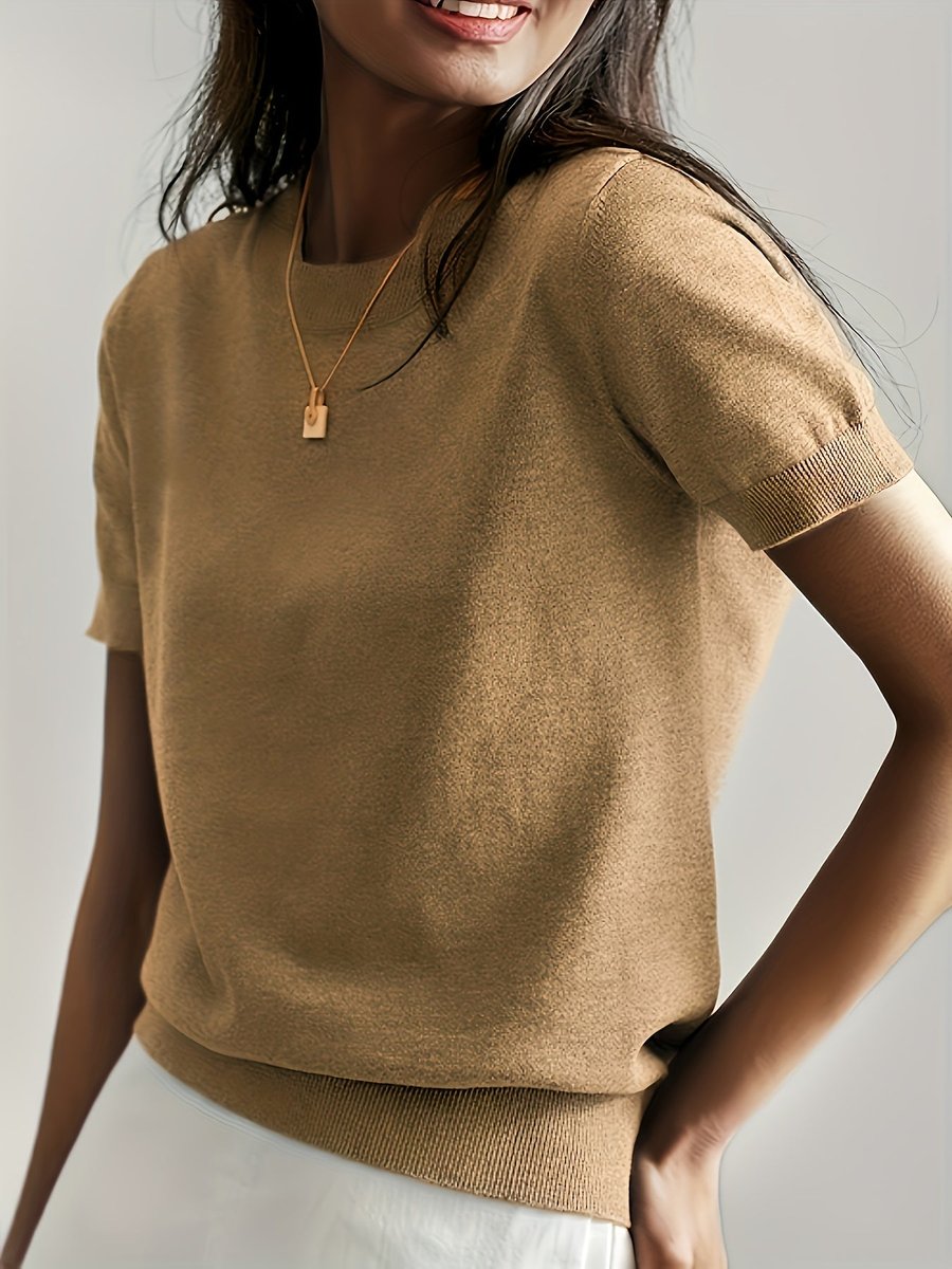 Women's Relaxed-Fit Short-Sleeve Knit Sweater Top - Earth Gold