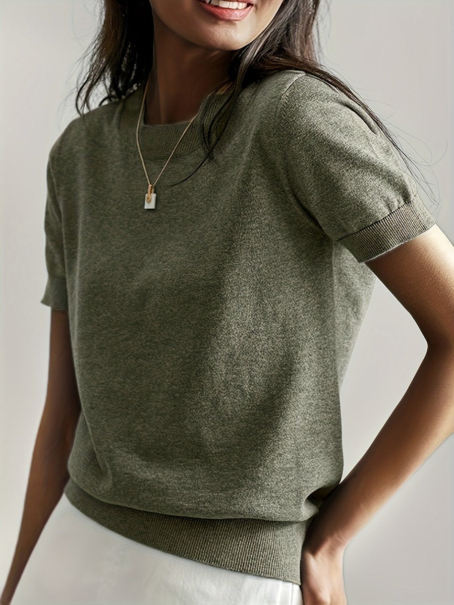 Women's Relaxed-Fit Short-Sleeve Knit Sweater Top - Olive