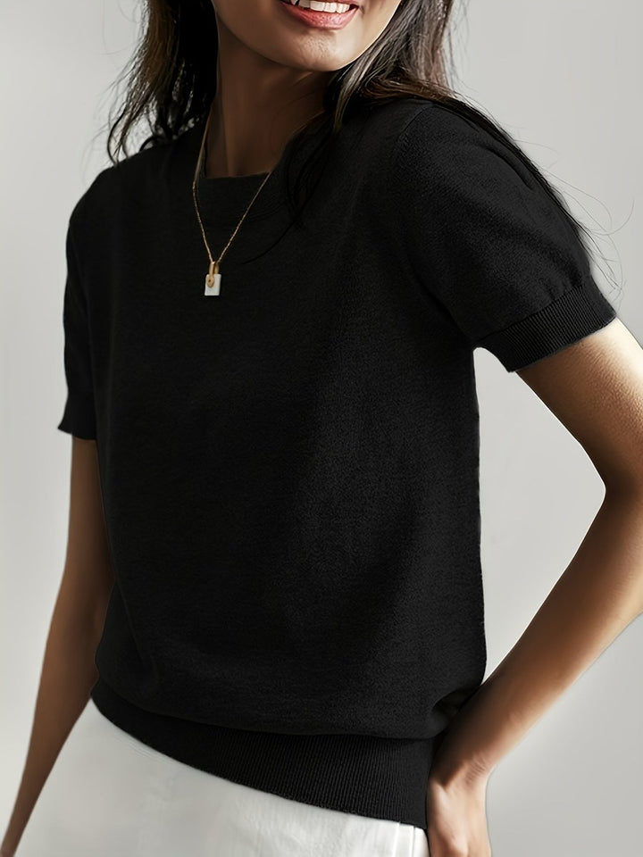 Women's Relaxed-Fit Short-Sleeve Knit Sweater Top - Black