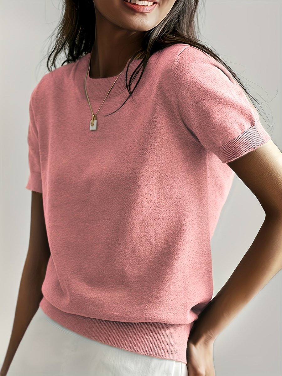 Women's Relaxed-Fit Short-Sleeve Knit Sweater Top - Pink