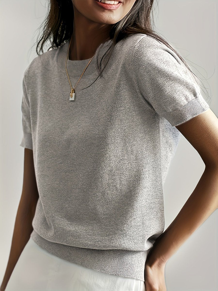 Women's Relaxed-Fit Short-Sleeve Knit Sweater Top - Light Gray
