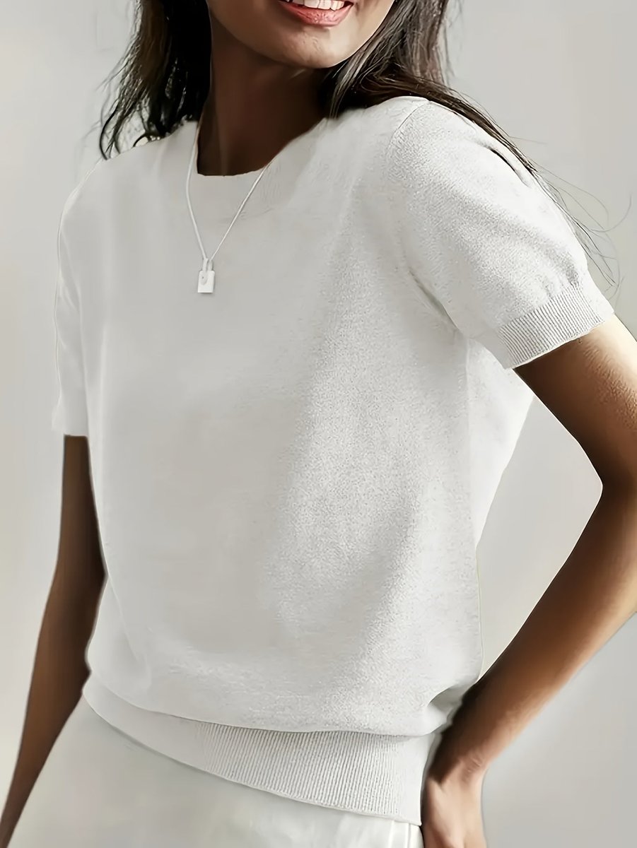 Women's Relaxed-Fit Short-Sleeve Knit Sweater Top - White