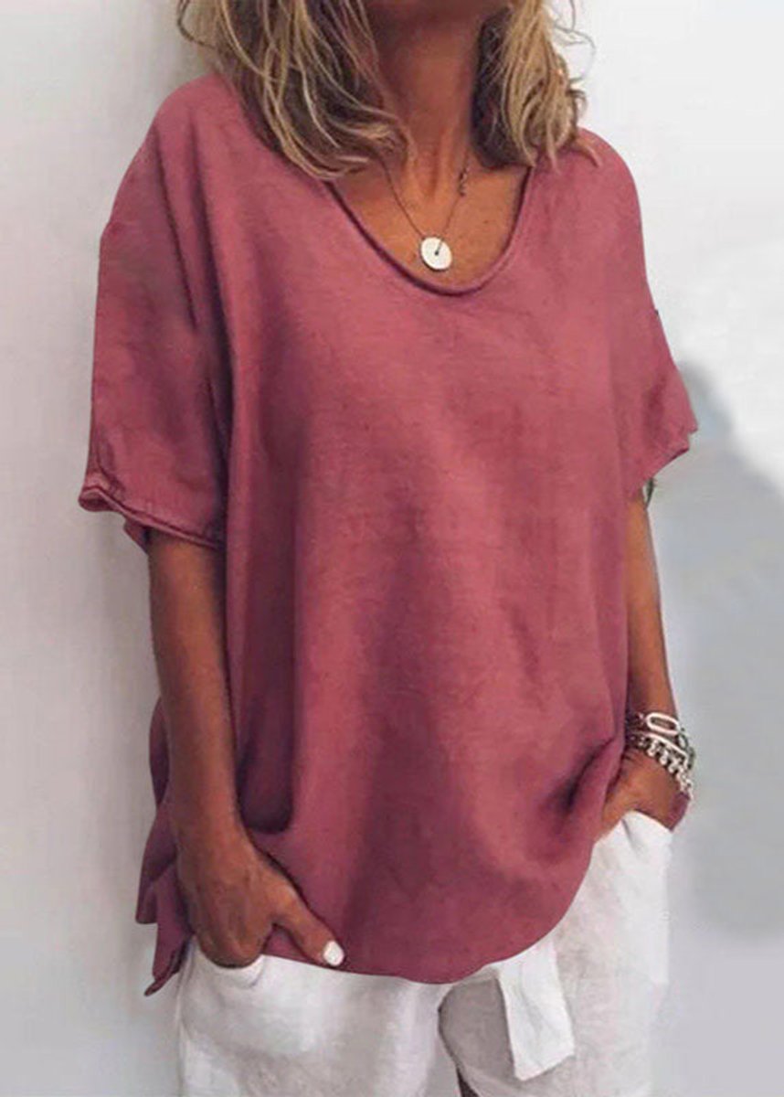 Women's Relaxed-Fit Short-Sleeve Loose Casual Blouse Top - Dark Pink