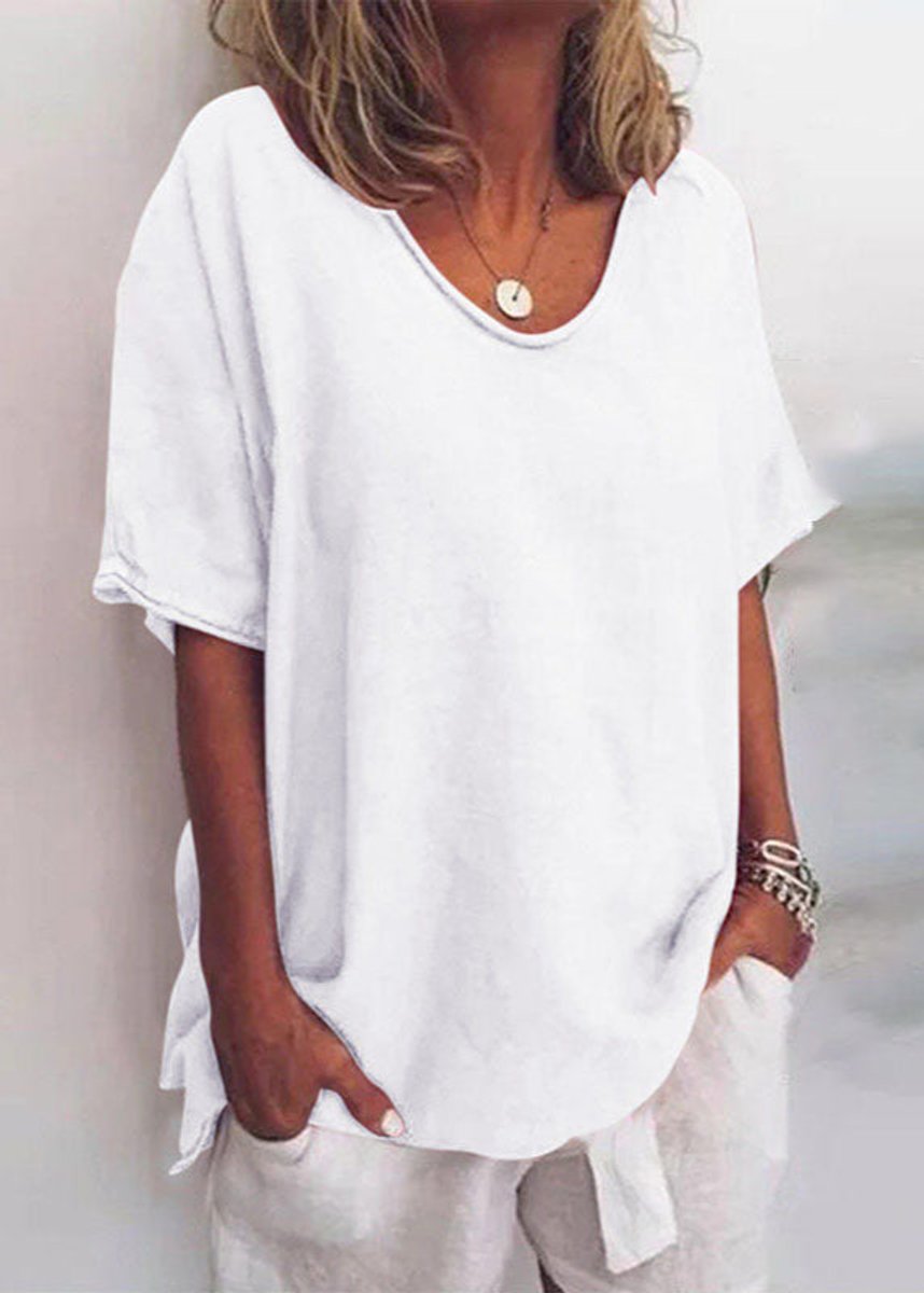 Women's Relaxed-Fit Short-Sleeve Loose Casual Blouse Top - White
