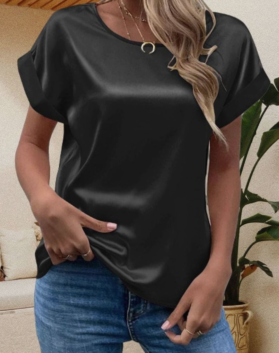 Women's Relaxed-Fit Short-Sleeve Round-Neck Satin Blouses