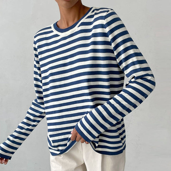 Women's Relaxed-Fit Striped Long Sleeve Crewneck Sweater - Blue
