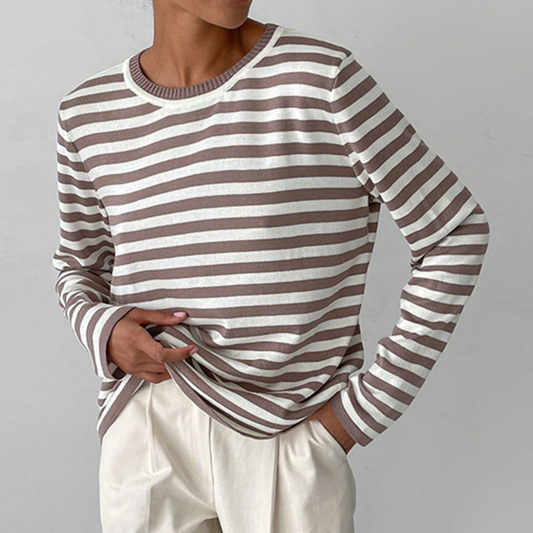 Women's Relaxed-Fit Striped Long Sleeve Crewneck Sweater - Brown