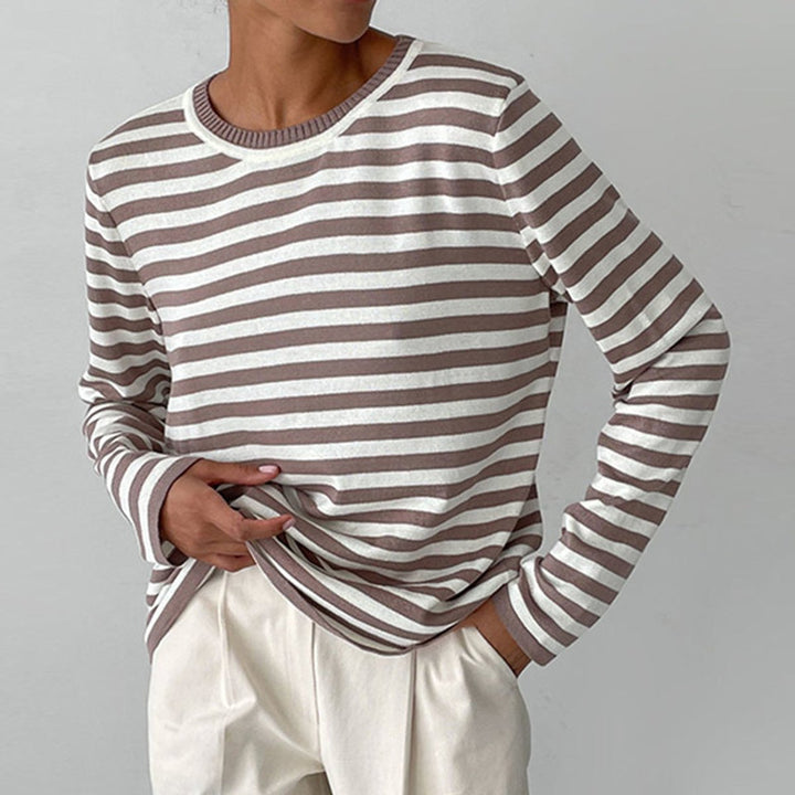Women's Relaxed-Fit Striped Long Sleeve Crewneck Sweater - Brown