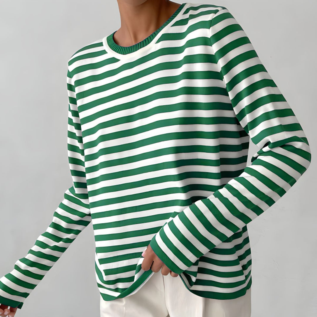 Women's Relaxed-Fit Striped Long Sleeve Crewneck Sweater - Green