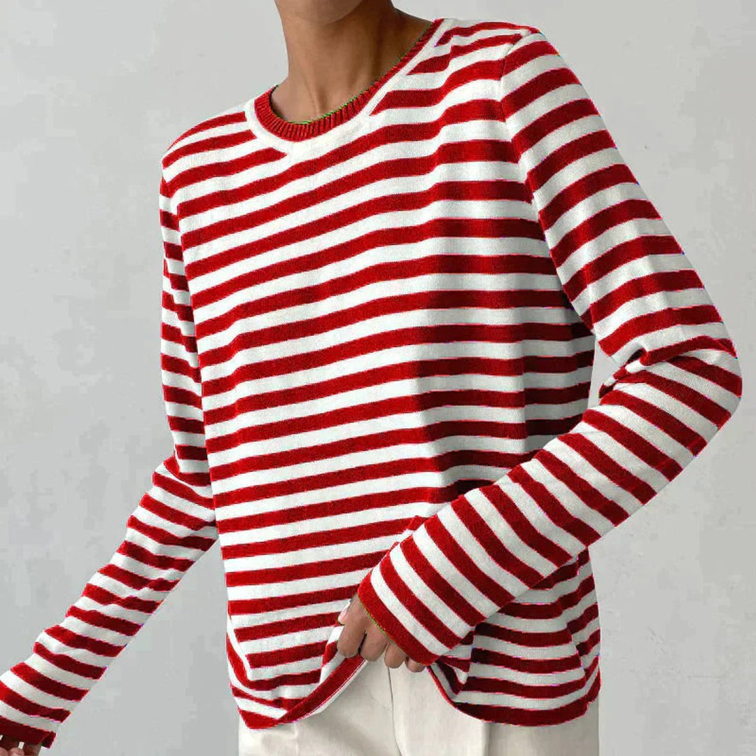 Women's Relaxed-Fit Striped Long Sleeve Crewneck Sweater - Red
