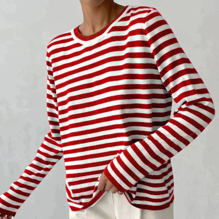 Women's Relaxed-Fit Striped Long Sleeve Crewneck Sweater - Red