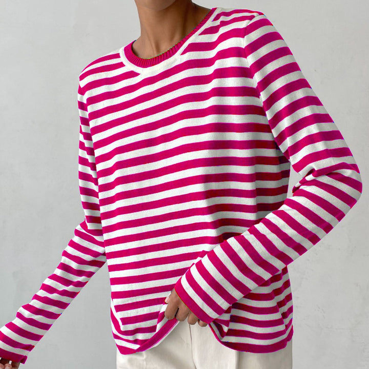 Women's Relaxed-Fit Striped Long Sleeve Crewneck Sweater - Pink