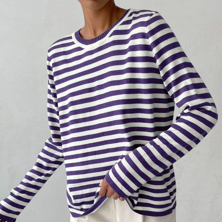 Women's Relaxed-Fit Striped Long Sleeve Crewneck Sweater - Purple