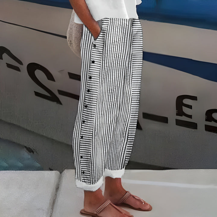Women's Relaxed-Fit Striped Straight-Leg Elastic-Waist Pants - Black
