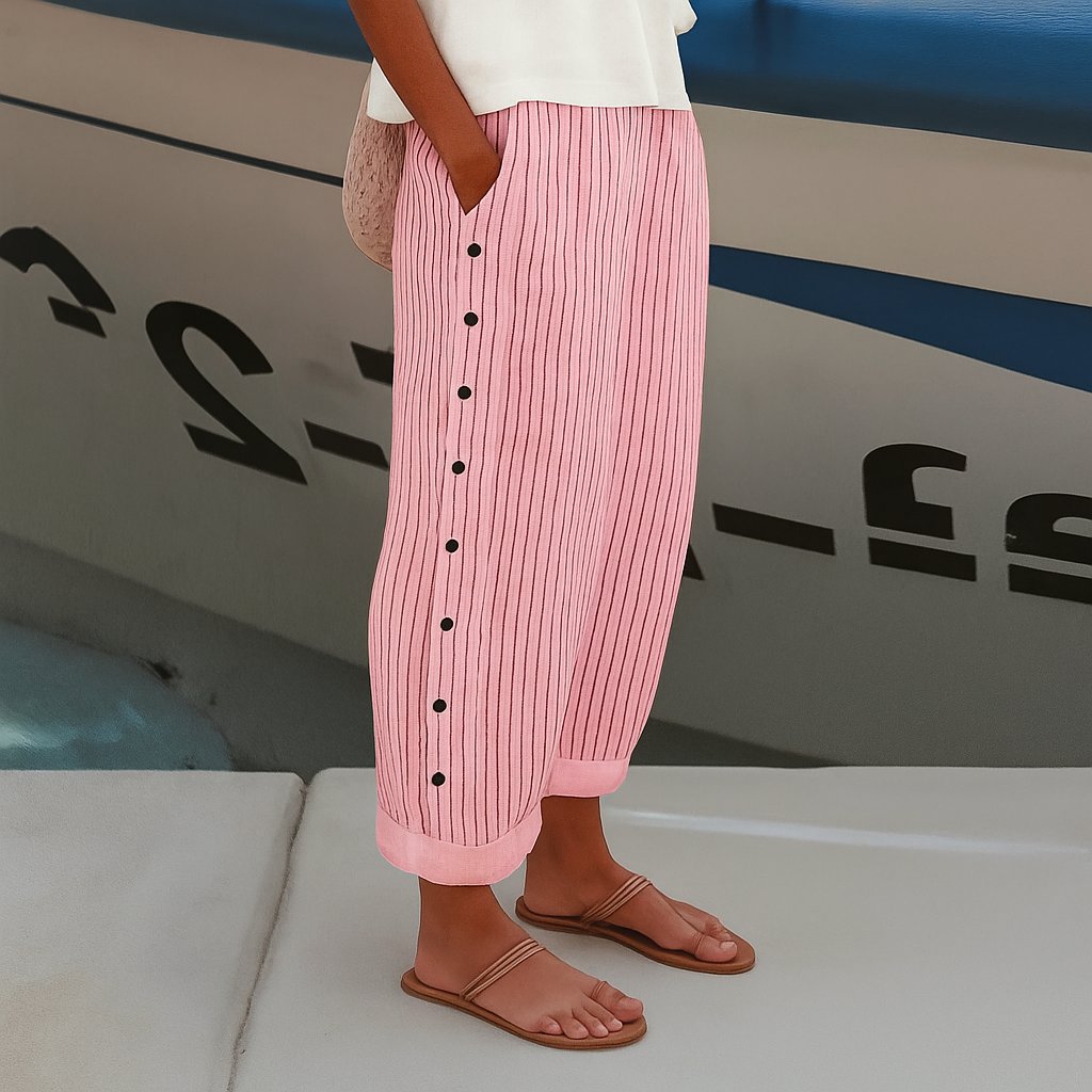 Women's Relaxed-Fit Striped Straight-Leg Elastic-Waist Pants - Pink