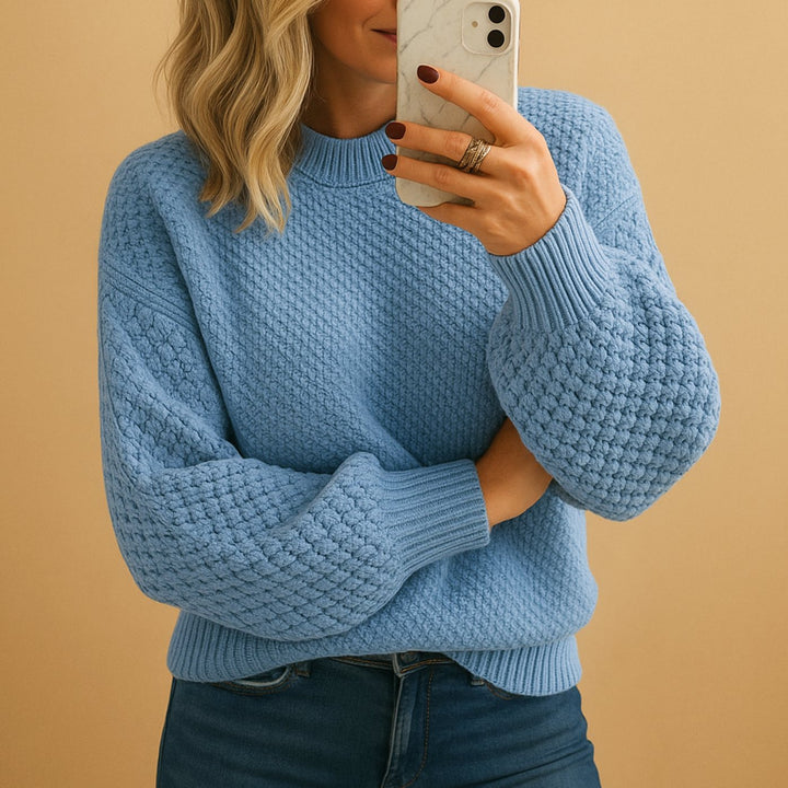 Women's Relaxed-Fit Textured Knit Sweater Crew Neck Pullover - Light Blue