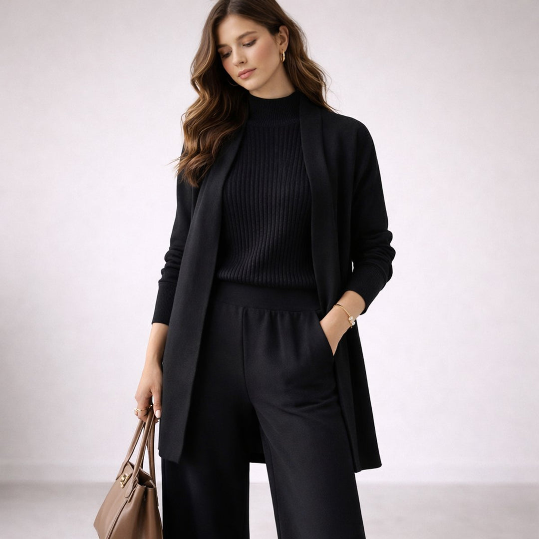 Women's Relaxed-Fit Three-Piece Knit Evening Gown Cardigan Lounge Set - Black