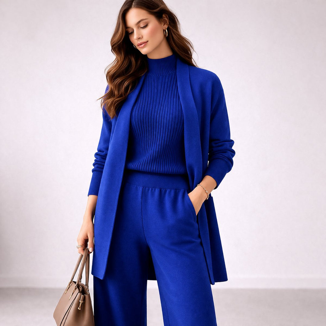 Women's Relaxed-Fit Three-Piece Knit Evening Gown Cardigan Lounge Set - Blue