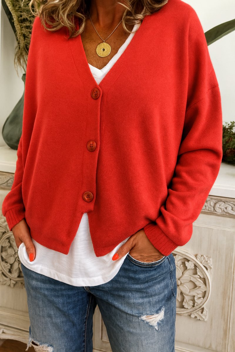 Women's Relaxed-Fit V-Neck Button-Front Cardigan Sweater - Red