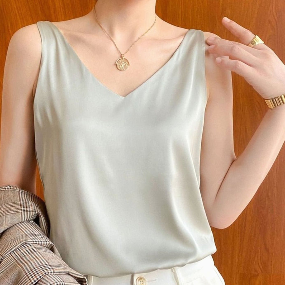 Women's Relaxed-Fit V-Neck Draped Satin Tank Top - Light Green