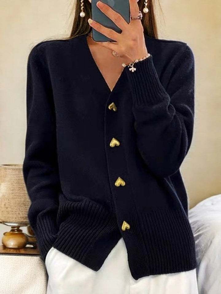 Women's Relaxed-Fit V-Neck Heart-Button Knit Cardigan - Black