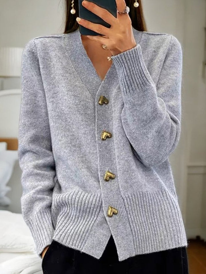Women's Relaxed-Fit V-Neck Heart-Button Knit Cardigan - Grey