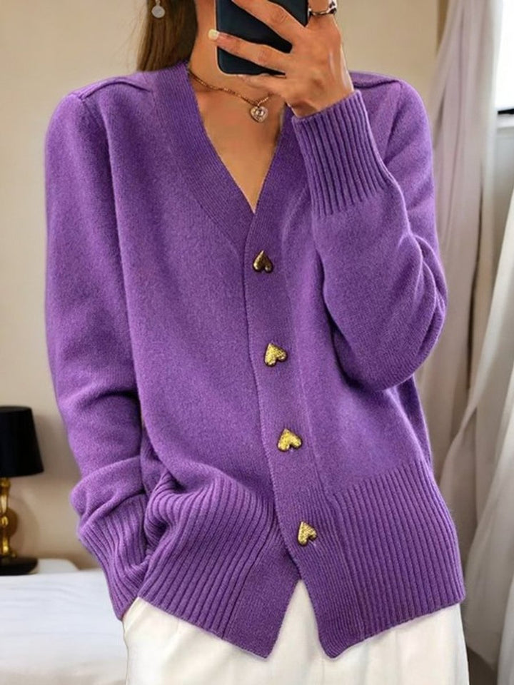 Women's Relaxed-Fit V-Neck Heart-Button Knit Cardigan - Violet