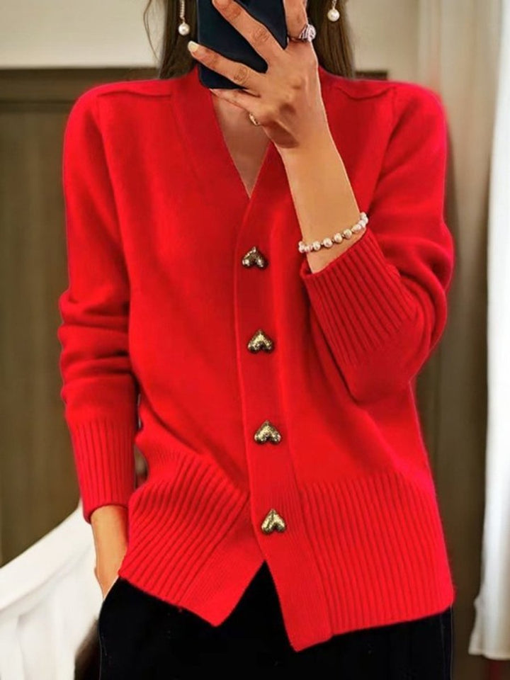Women's Relaxed-Fit V-Neck Heart-Button Knit Cardigan - Red