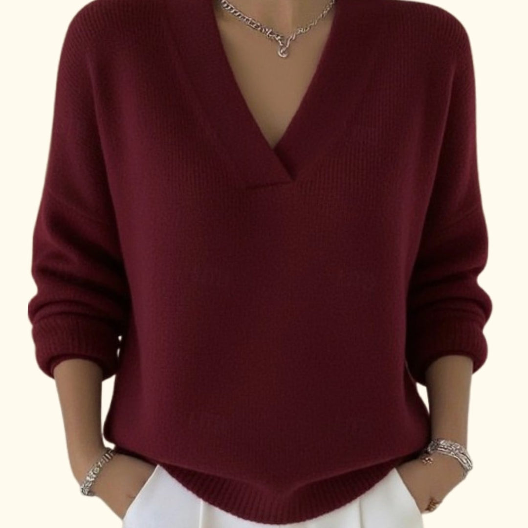 Women's Relaxed-Fit V-Neck Knit Pullover Sweater Ribbed Trim - Red