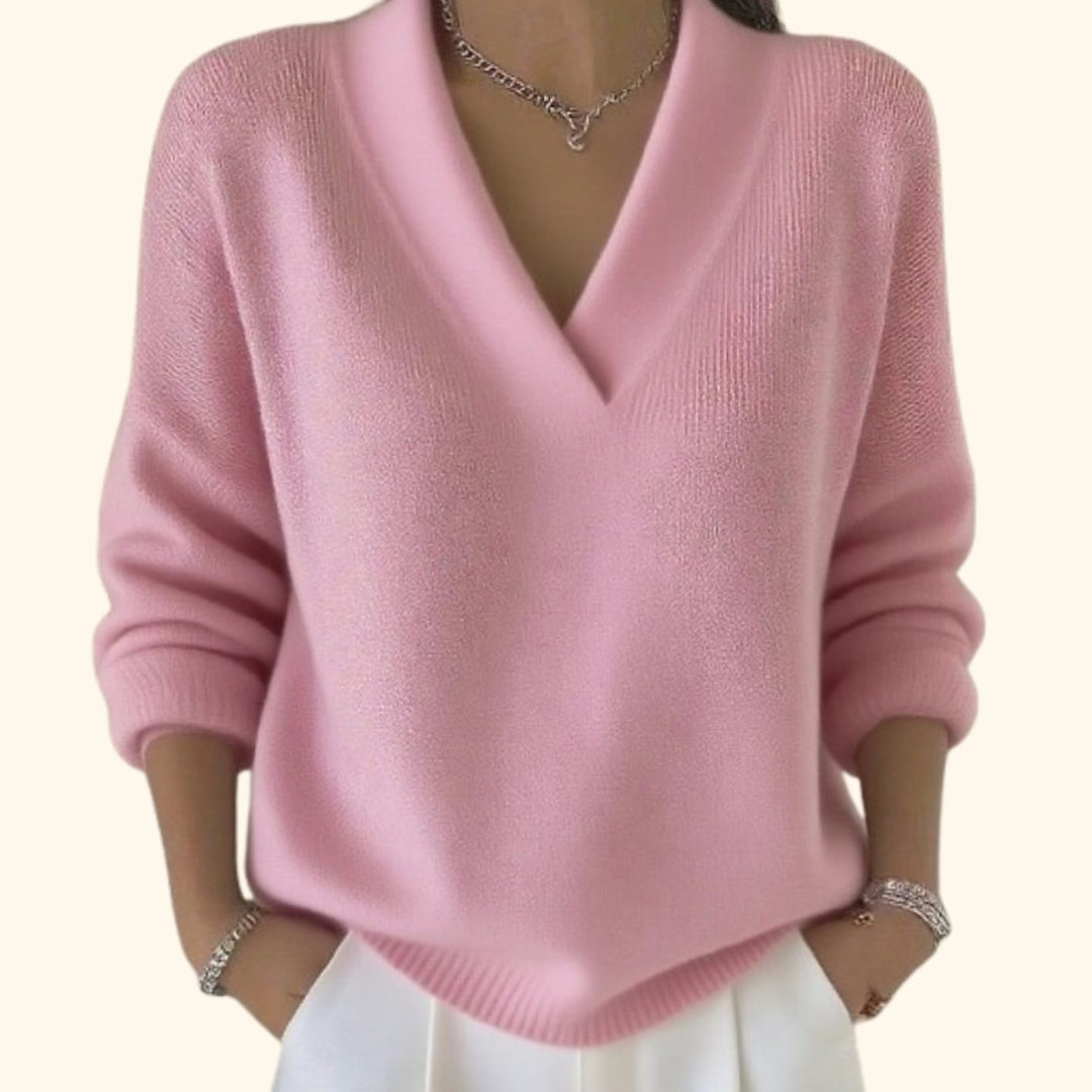Women's Relaxed-Fit V-Neck Knit Pullover Sweater Ribbed Trim - Pink