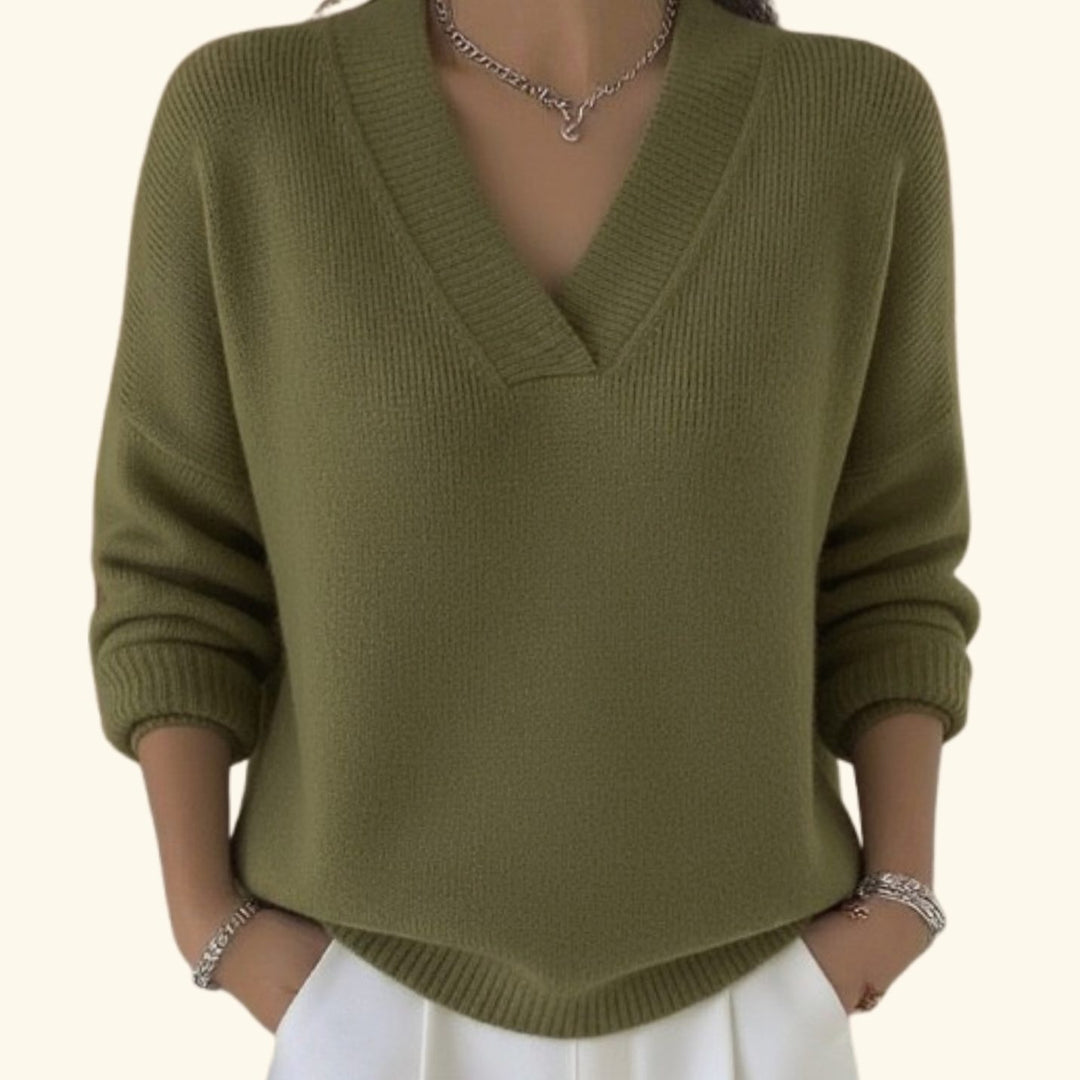 Women's Relaxed-Fit V-Neck Knit Pullover Sweater Ribbed Trim - Green
