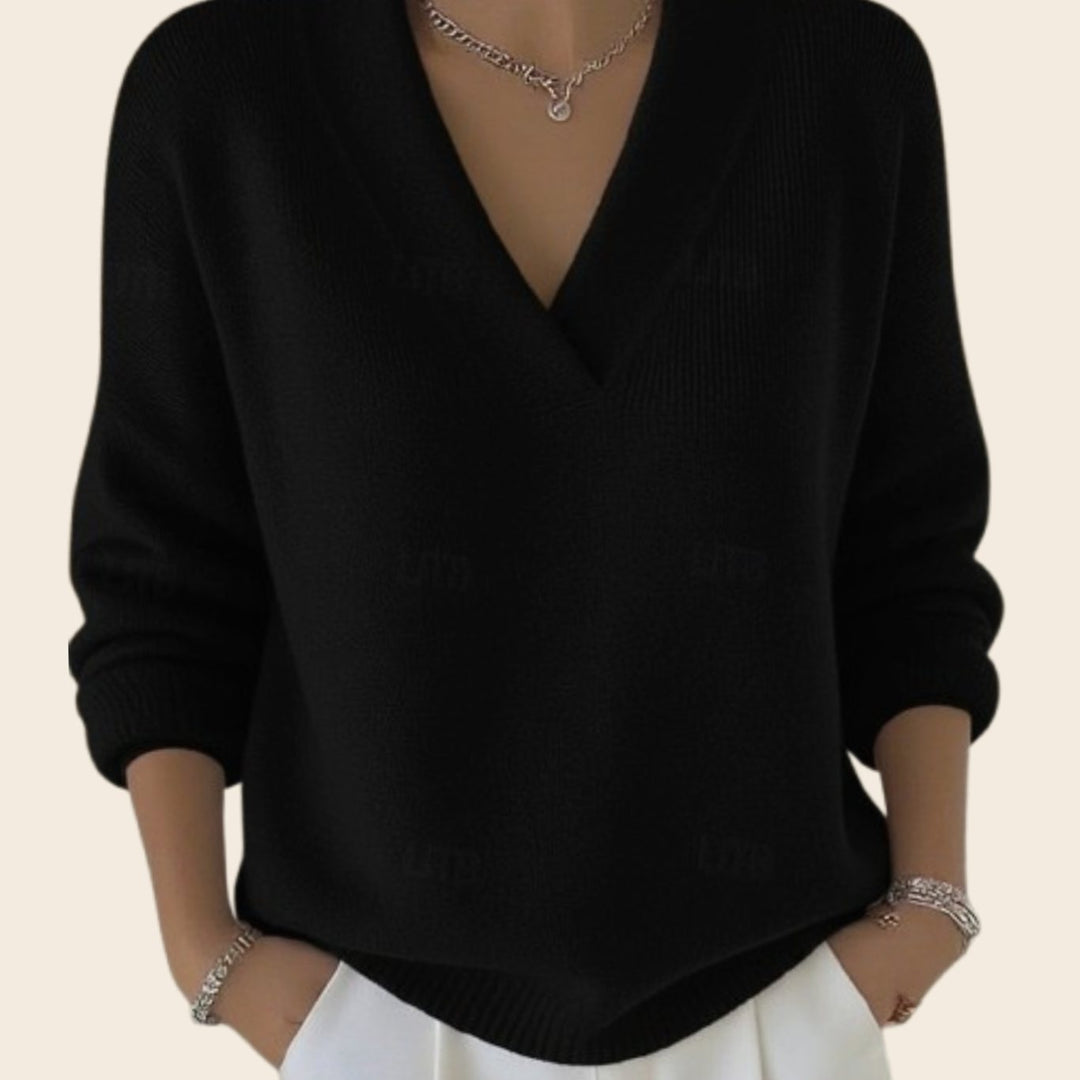 Women's Relaxed-Fit V-Neck Knit Pullover Sweater Ribbed Trim - Black