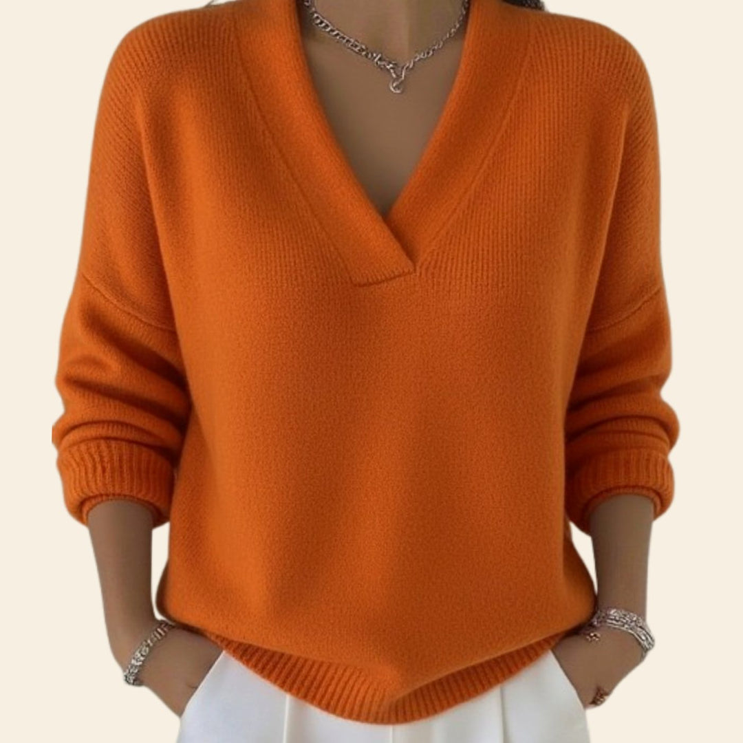 Women's Relaxed-Fit V-Neck Knit Pullover Sweater Ribbed Trim - Orange