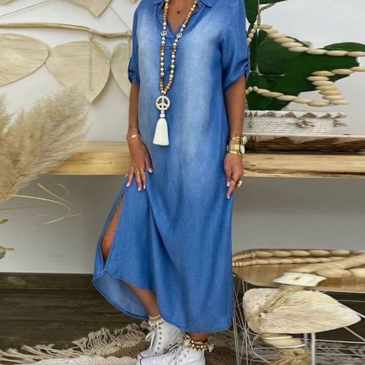 Women's Relaxed-Fit V-Neck Midi Shirt Dress Side Slit - Blue