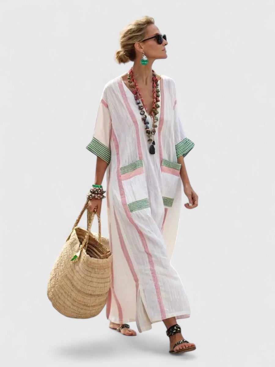 Women's Relaxed-Fit V-Neck Striped Linen Maxi Dress - White Light Pink