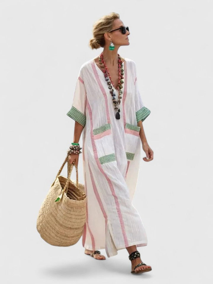 Women's Relaxed-Fit V-Neck Striped Linen Maxi Dress - White Light Pink