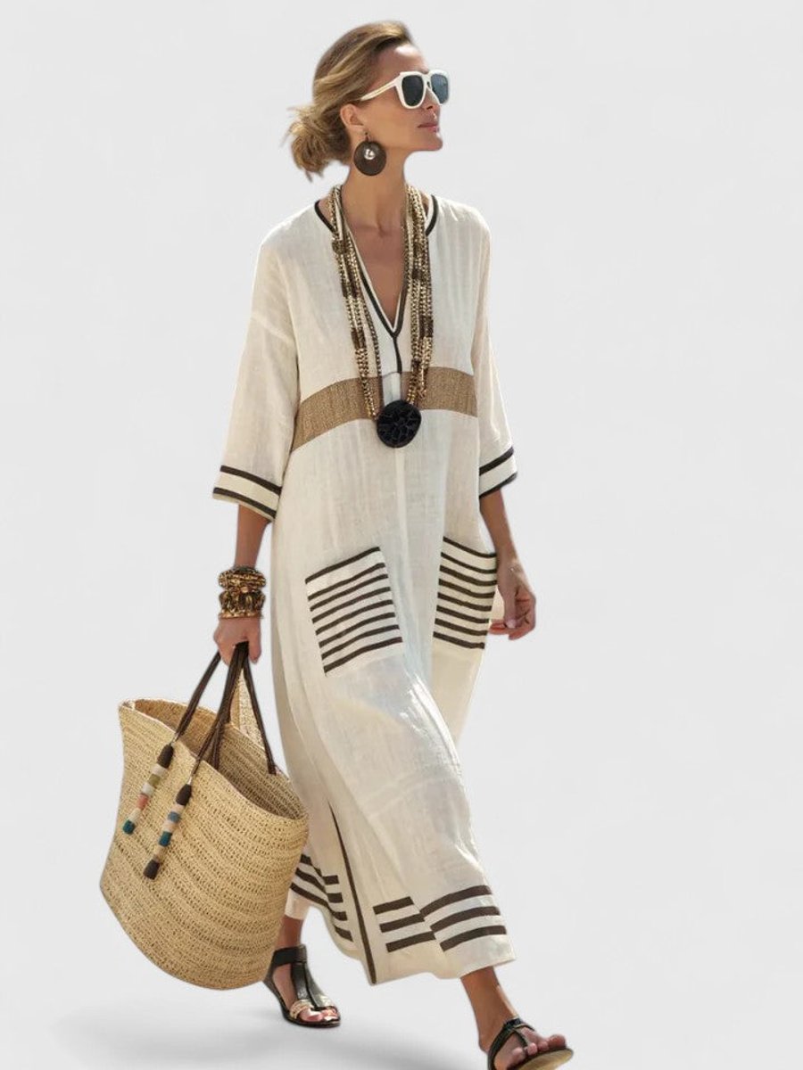 Women's Relaxed-Fit V-Neck Striped Linen Maxi Dress - Beige Black